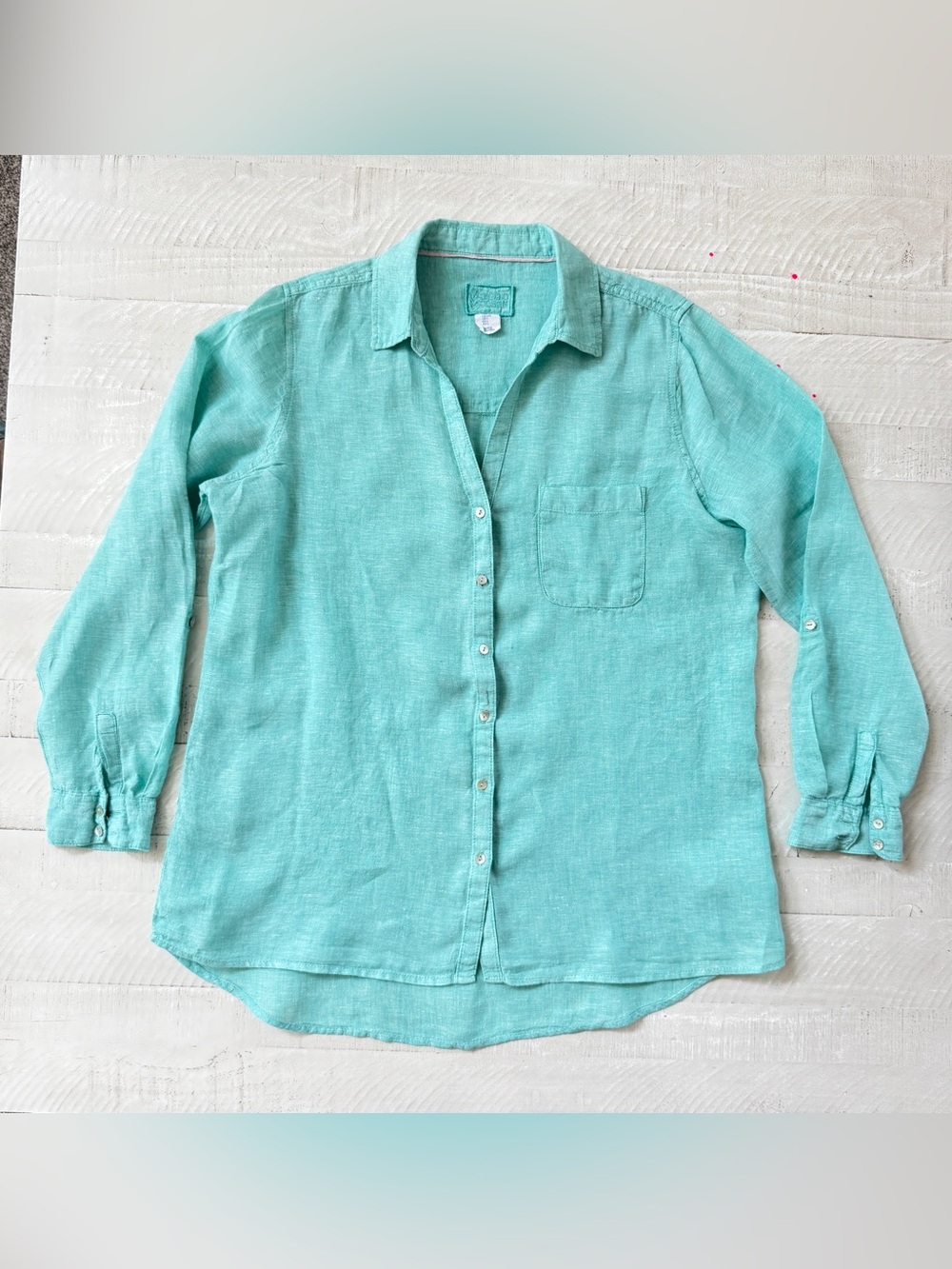Sigrid Olsen Seafoam Green Aqua Womens Button-Down V neck Linen Shirt Coastal L